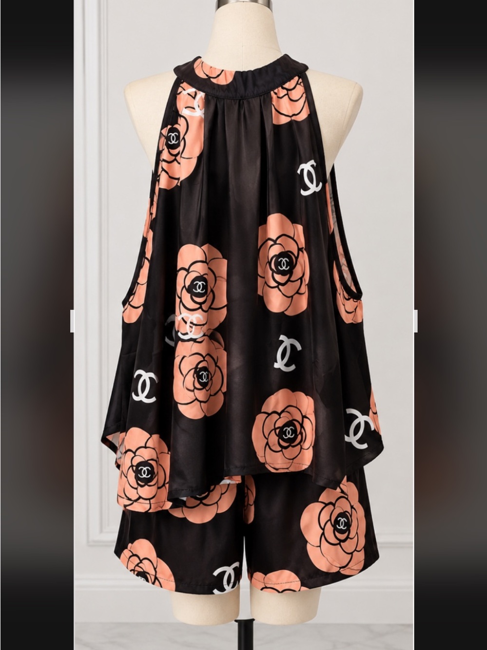 New ! FASHION outfit Sleeveless Black Top with Peach Floral Print